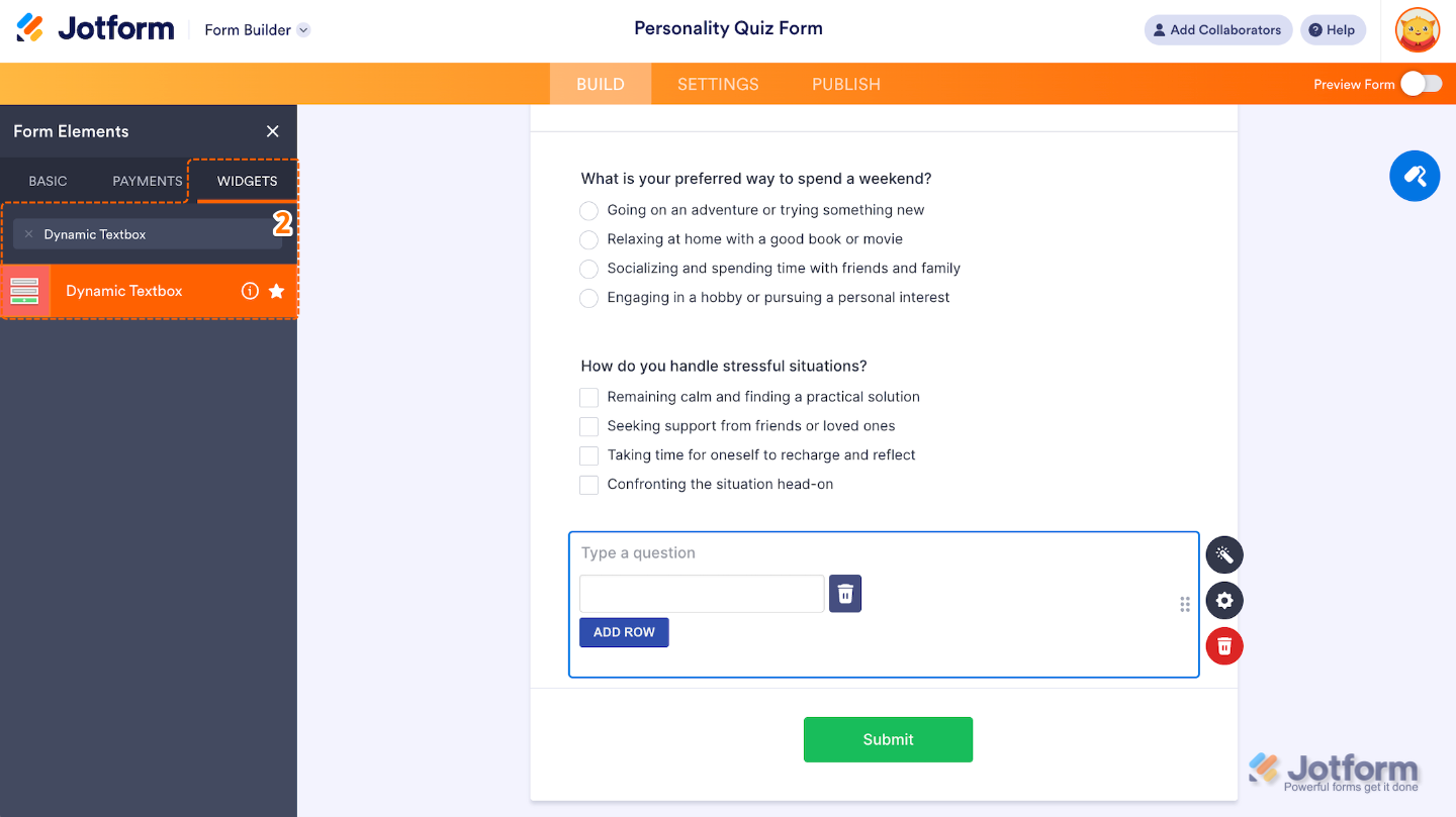 Form Elements menu with the Widgets tab open and the Dynamic Textbox widget selected