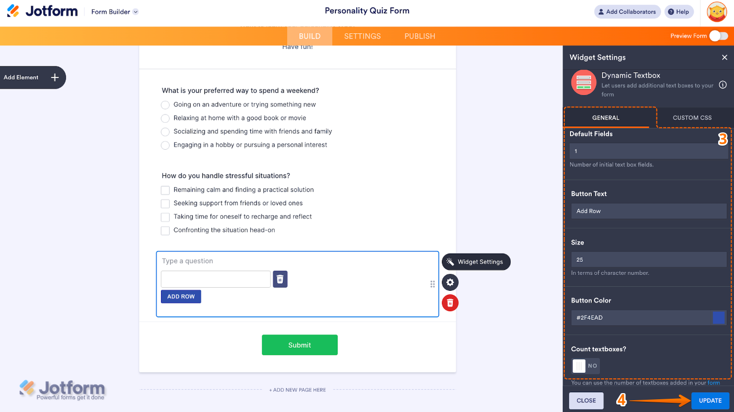 Dynamic Textbox widget settings panel showing the General tab options with the Update button selected