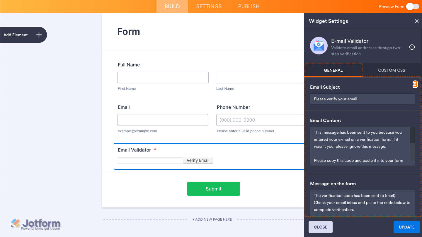 E-mail Validator widget General settings showing Email Subject Email Content and Message on the Form fields in Jotform