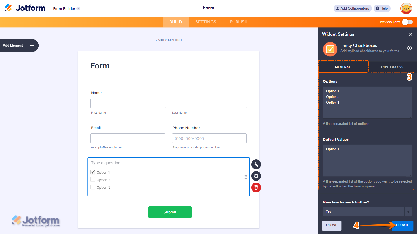 Fancy Checkboxes widget settings showing Options Default Values New Line for Each Button and Update button in Jotform