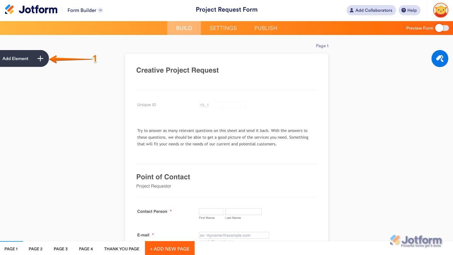 Form Builder interface showing the Add Element button on the left side of the page