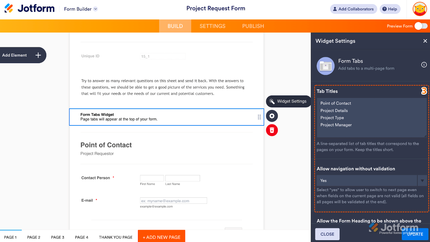 Form Tabs widget settings window open on the right, showing options to set tab titles and allow navigation without validation