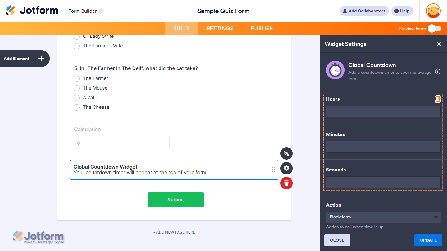 Global Countdown Widget Settings in Jotform Form Builder