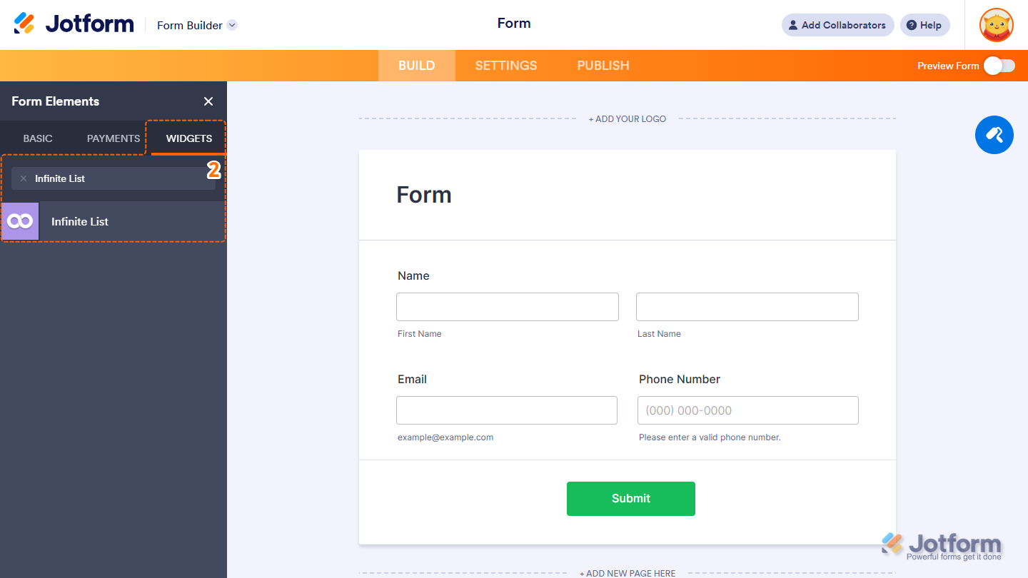 Form Elements Widgets tab showing Infinite List widget selection in Jotform