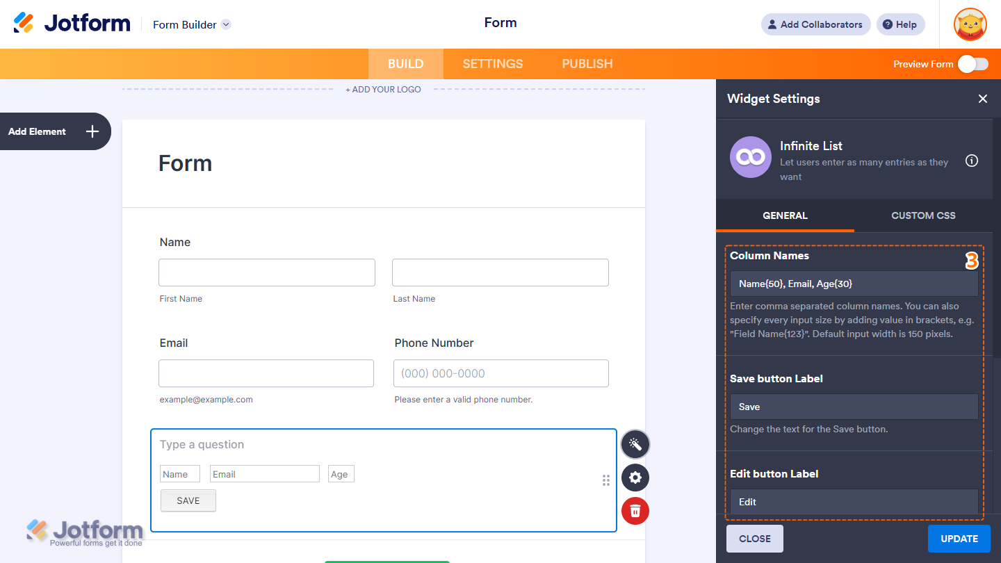 Infinite List widget General settings showing Column Names Save Button Label and Edit Button Label options in Jotform