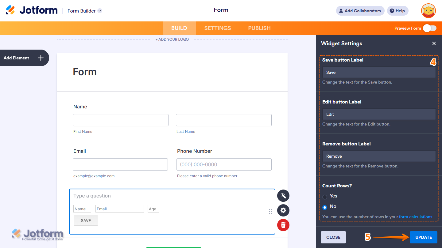 Infinite List widget settings showing Remove Button Label Count Rows and Update button in Jotform