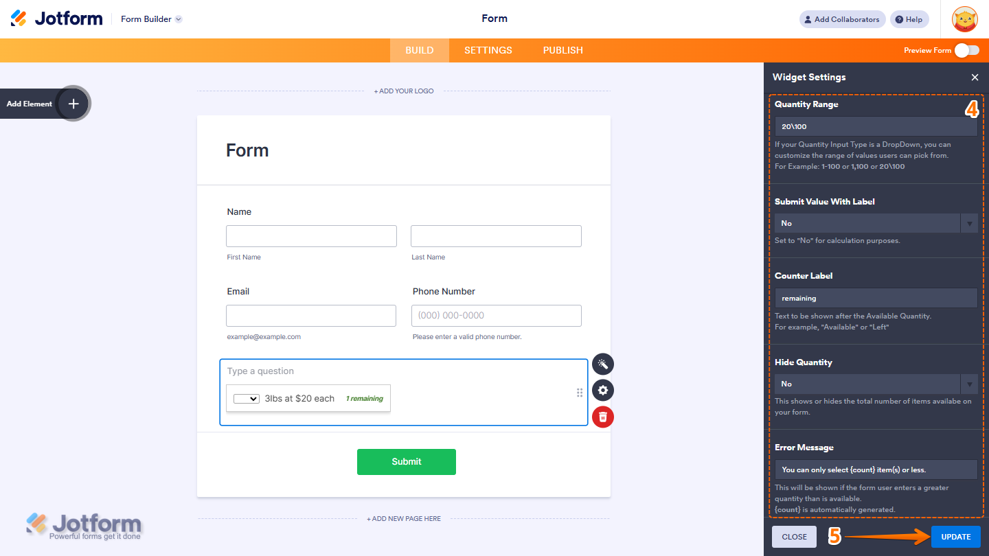 Inventory widget settings showing quantity range submit value counter label hide quantity error message and Update button in Jotform