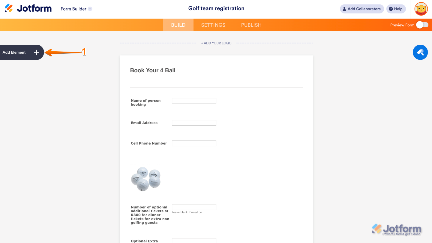 Form Builder interface showing the Add Element button on the left side of the page