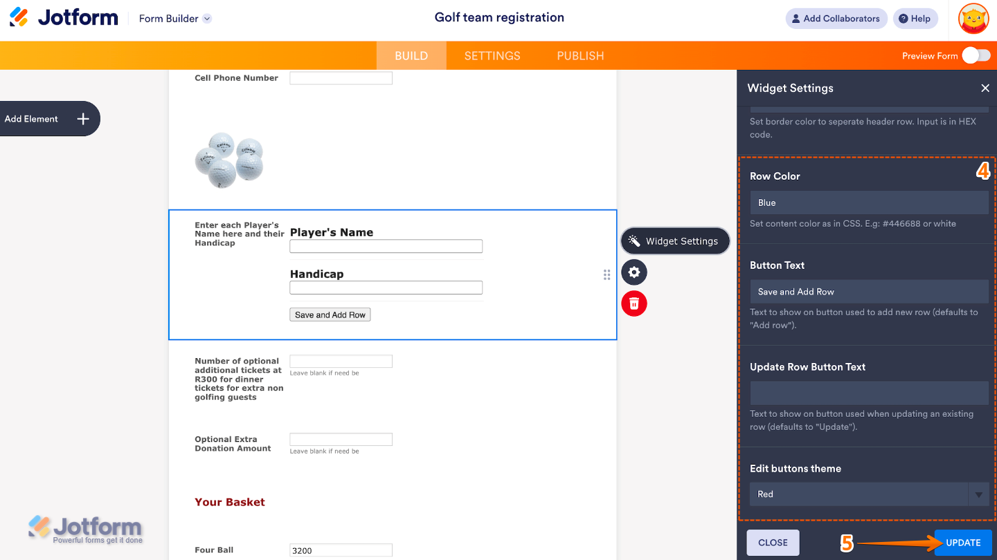 Widget Settings panel scrolled to the bottom, showing additional Matrix Dynamique options and the Update button to save changes