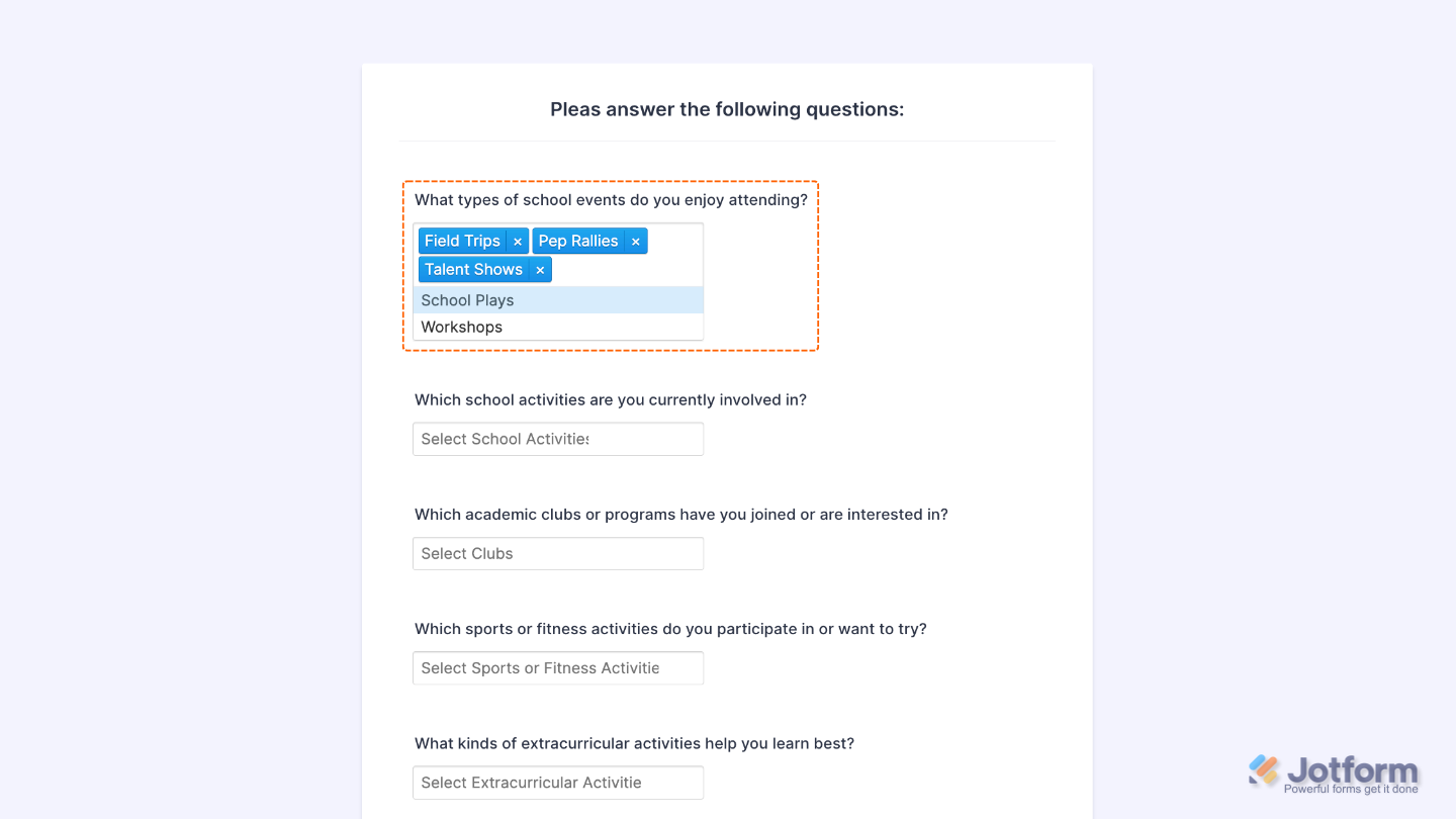 Multiple Selection widget successfully added to a form, allowing users to select multiple options from a dropdown menu, with a demo form available to view