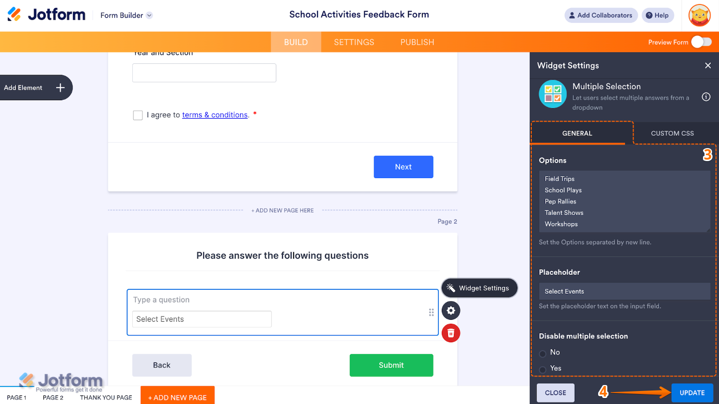 The Widget Settings window opens on the right side of the Form Builder under the General tab, showing configuration options and the Update button