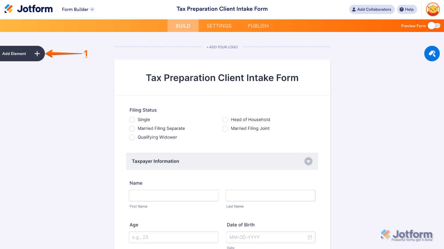 Form Builder interface showing the Add Element button on the left side of the page