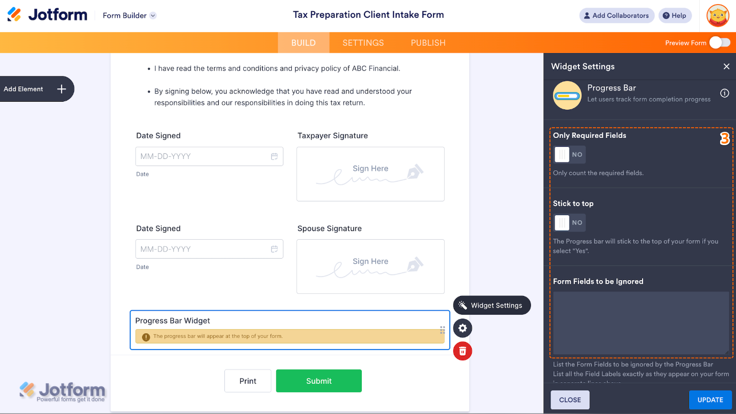 The Widget Settings window opens on the right side of the Form Builder, showing available configuration options