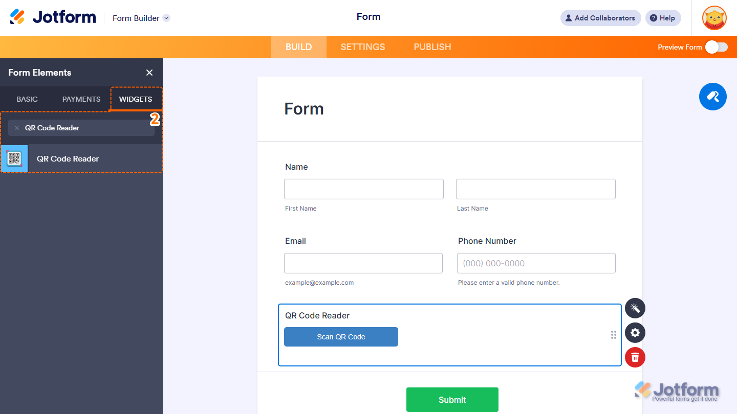 Form Elements Widgets tab showing QR Code Reader widget selection in Jotform