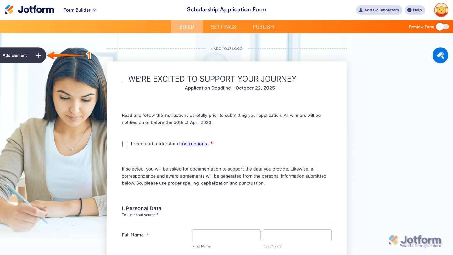 Form Builder interface showing the Add Element button on the left side of the page