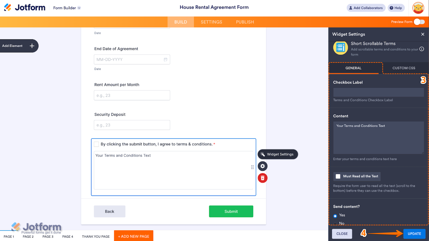 The Widget Settings window opens on the right side of the Form Builder under the General tab, showing configuration options and the Update button