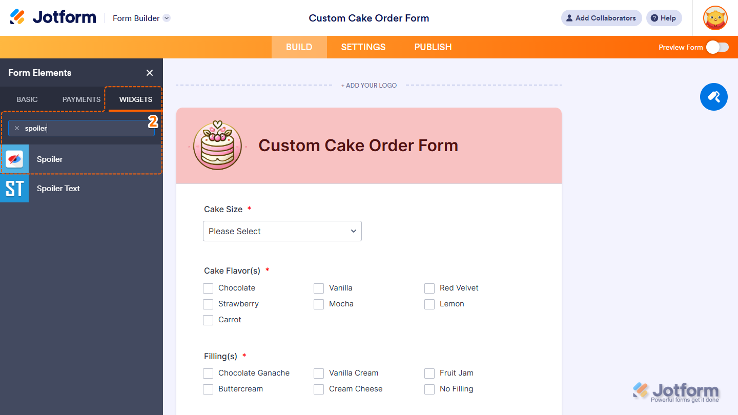 Spoiler element under the Widgets tab of the Form Elements menu in Jotform Form Builder
