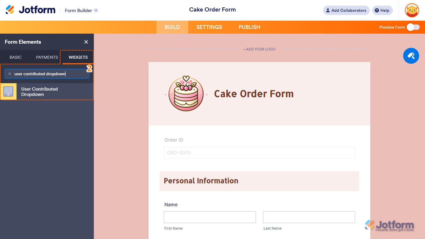 User Contributed Dropdown element under the Widgets tab of the Form Elements menu in Jotform Form Builder