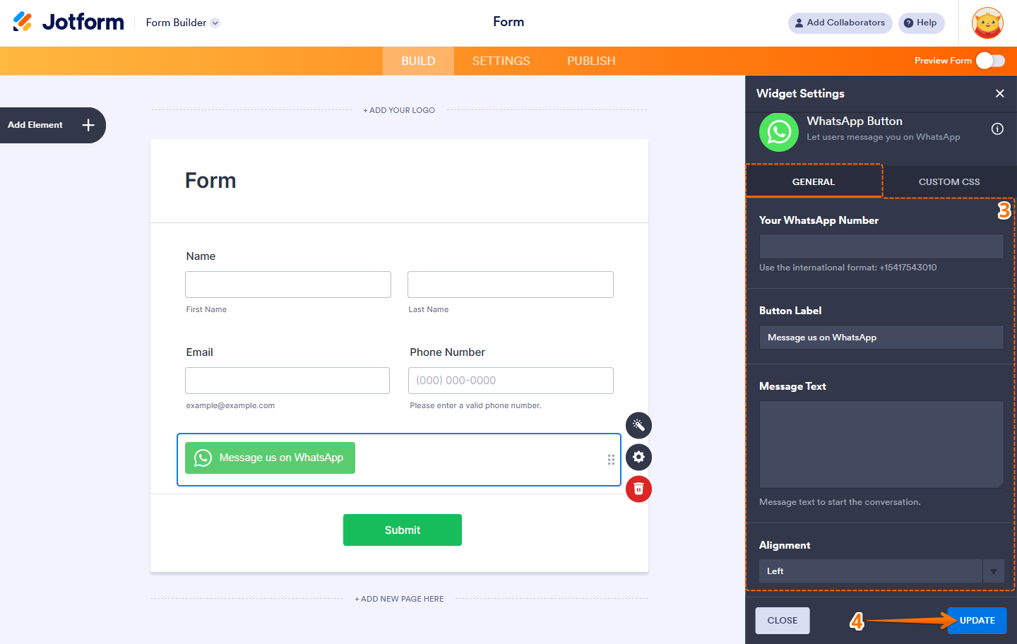 WhatsApp Button widget settings showing phone number button label message text alignment options and Update button in Jotform