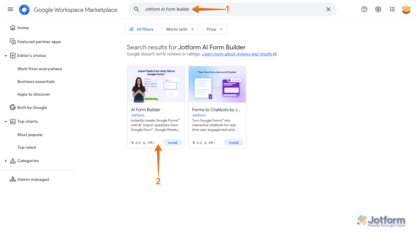 Jotform AI Form Builder in Google Workspace Marketplace Search Results