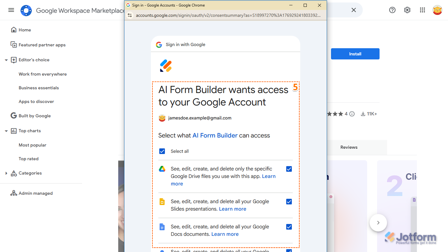 Authorize Access section in Sign In With Google window in Google Workspace Marketplace