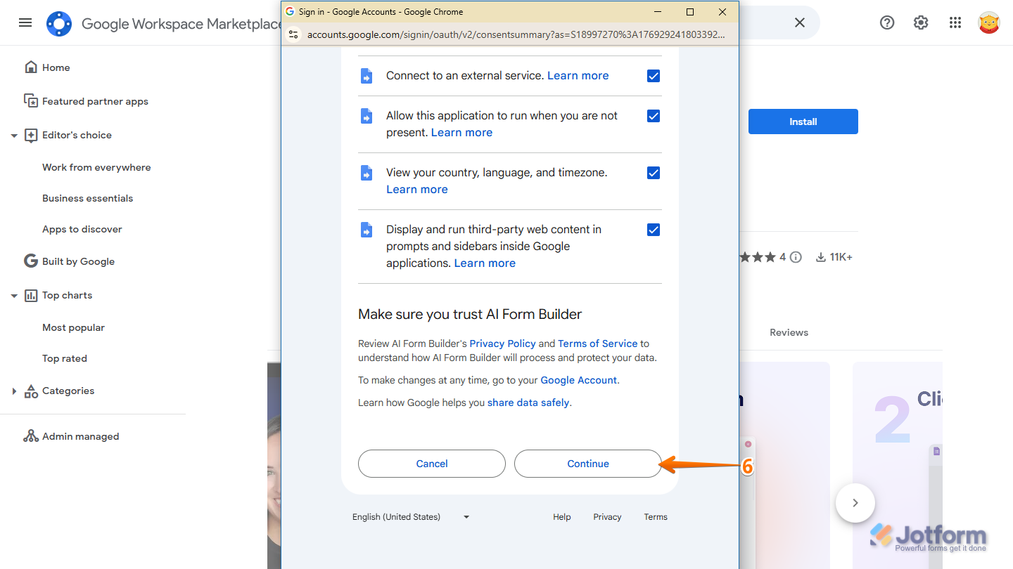 Continue button of the Authorize Access section in Sign In With Google window in Google Workspace Marketplace