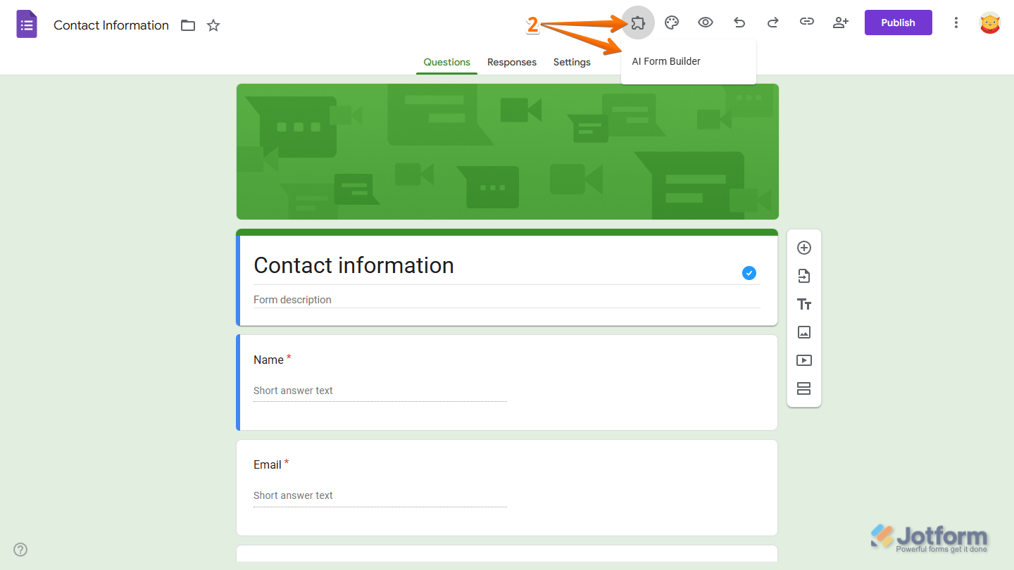 AI Form Builder option in Add on menu in Google Forms Editor
