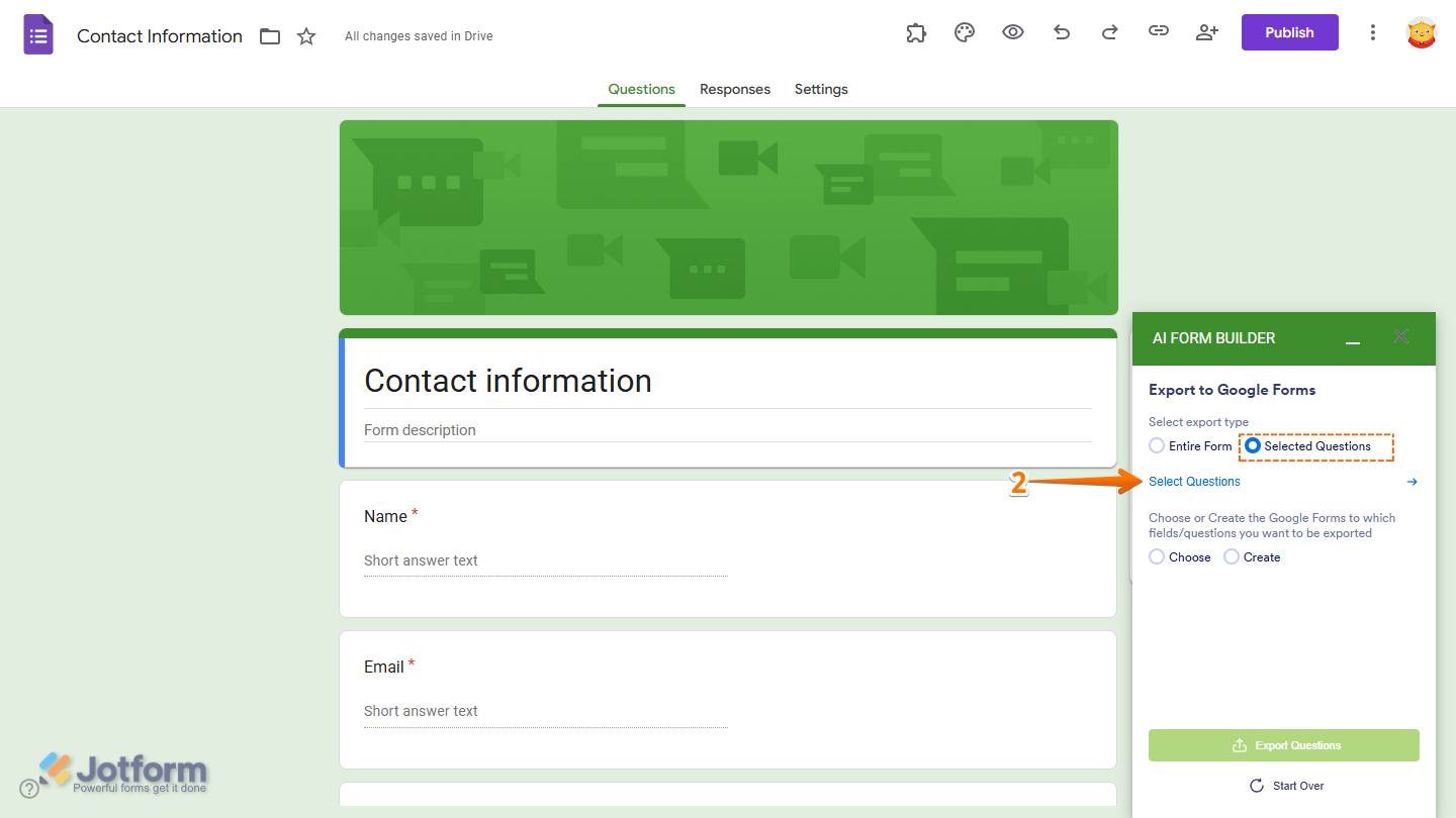 Selected Questions option in the Export to Google Form section in the Jotform AI Form Builder menu in Google Forms Editor