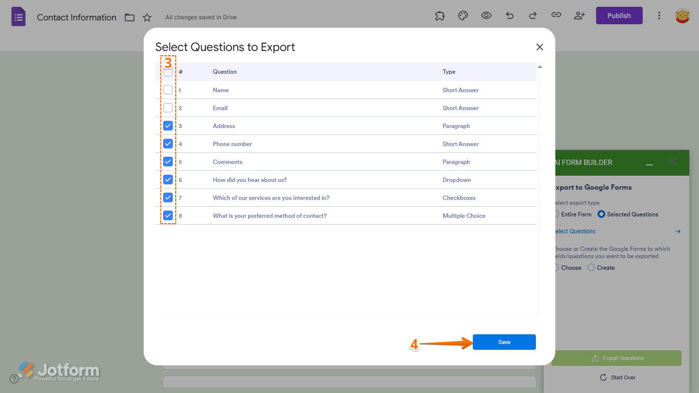 Selected Questions to Export window of the Jotform AI Form Builder in Google Forms Editor