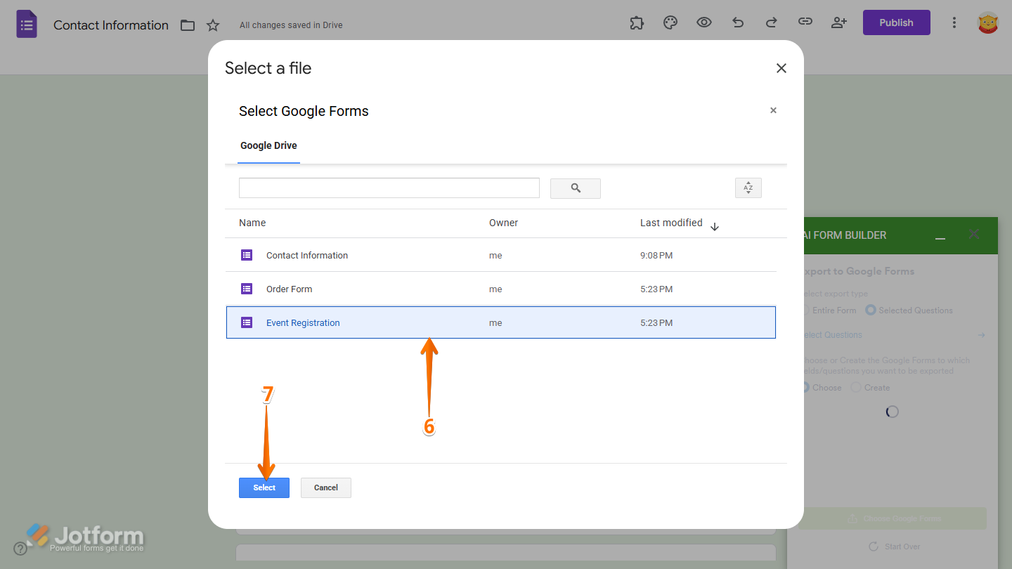 Select a File window of the Jotform AI Form Builder in Google Forms Editor