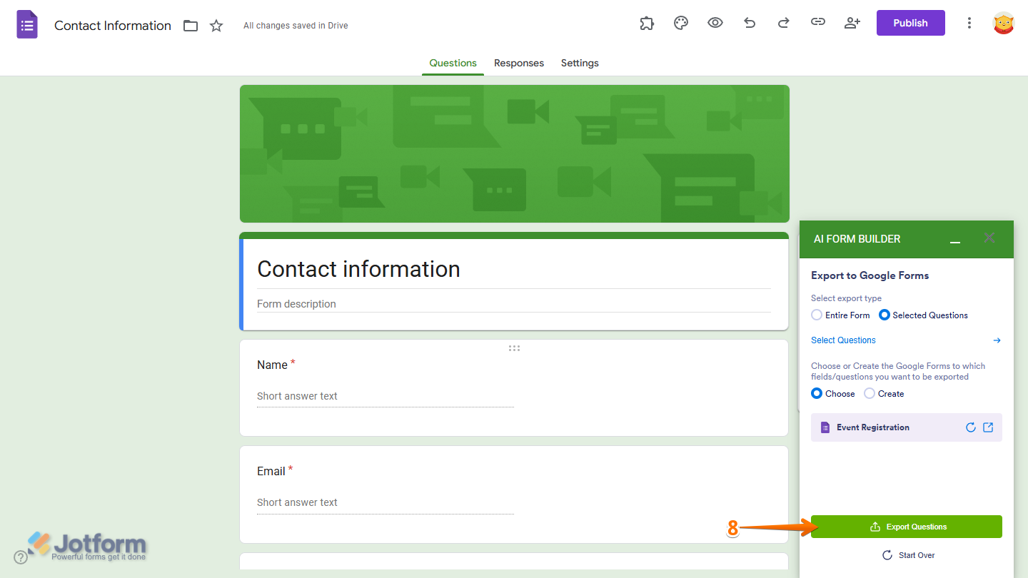 Export Questions button in the Export to Google Form section in the Jotform AI Form Builder menu in Google Forms Editor