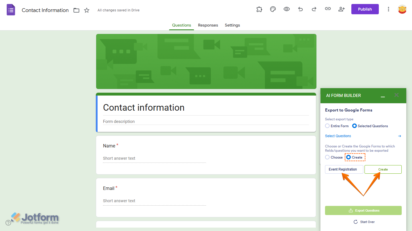 Create option in the Export to Google Form section in the Jotform AI Form Builder menu in Google Forms Editor