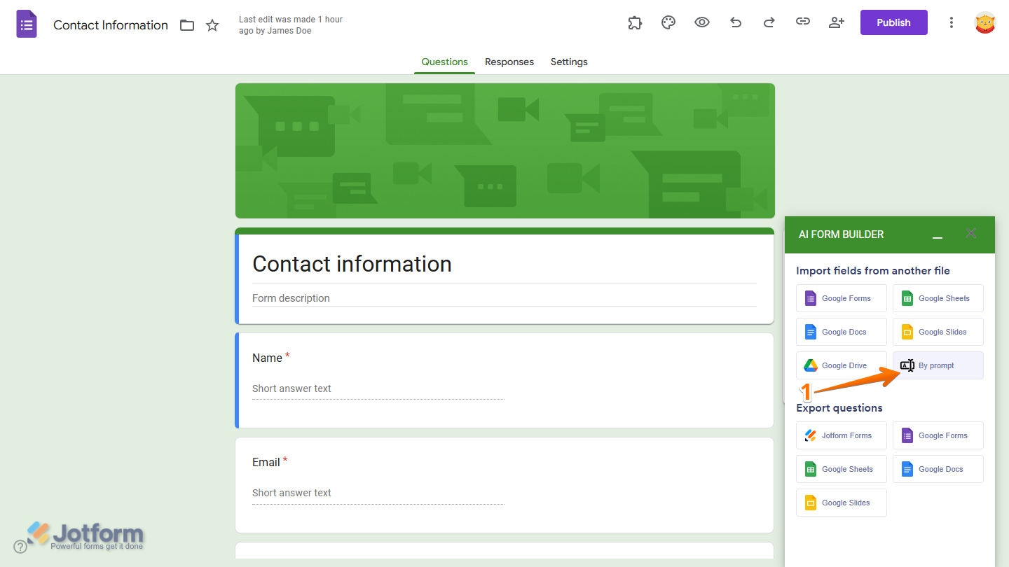 By Prompt option in the Import Fields From Another File section in the Jotform AI Form Builder menu in Google Forms Editor