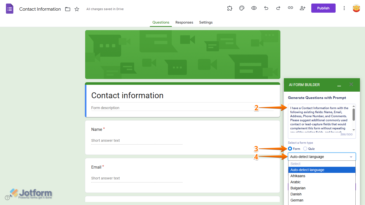 Generate Questions with Prompt Settings in the Jotform AI Form Builder menu in Google Forms Editor