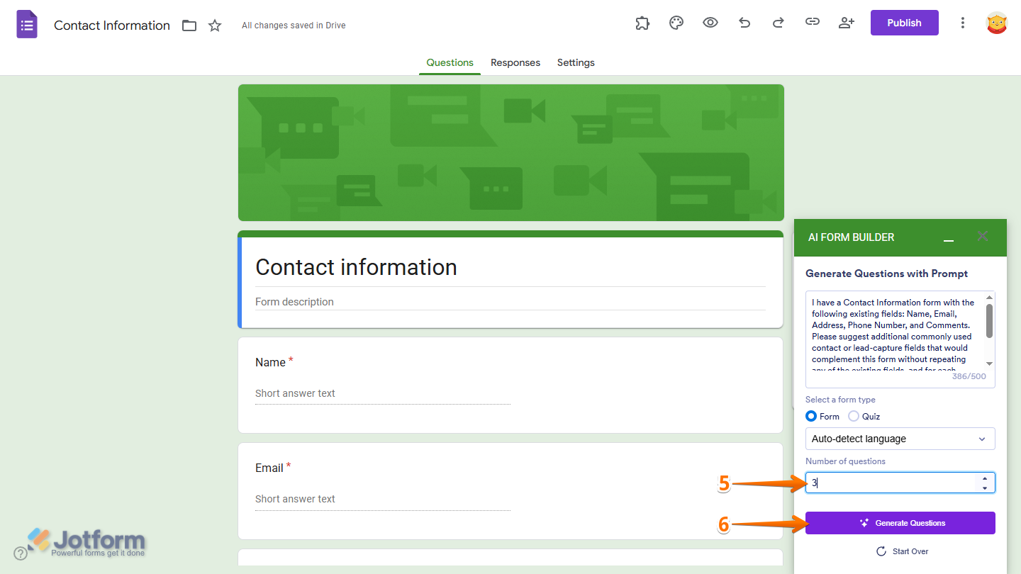 Number of Questions setting in Generate Questions with Prompt section in the Jotform AI Form Builder menu in Google Forms Editor