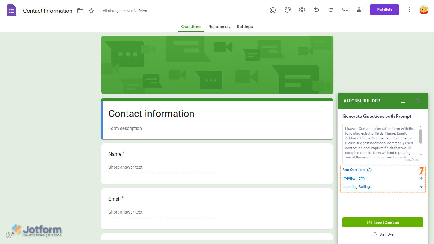 Import options in the Generate Questions with Prompt section of the Jotform AI Form Builder menu in Google Forms Editor