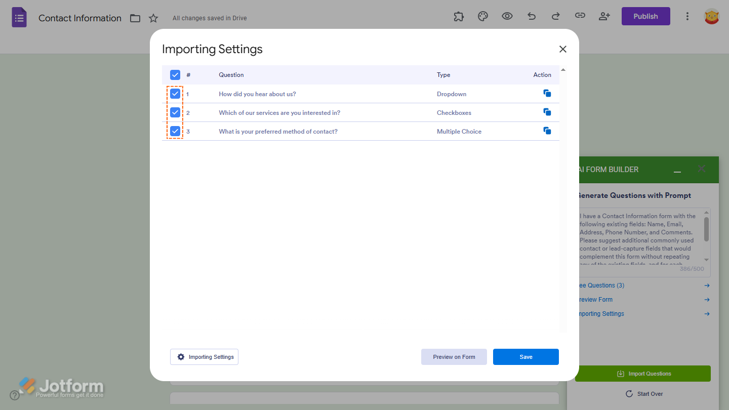 Generated questions in the Importing Settings window of the Jotform AI Form Builder in Google Forms Editor