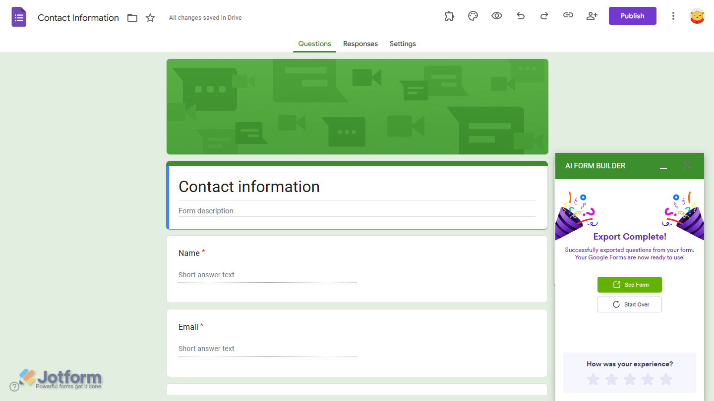 Import Complete message in the Jotform AI Form Builder menu in Google Forms Editor
