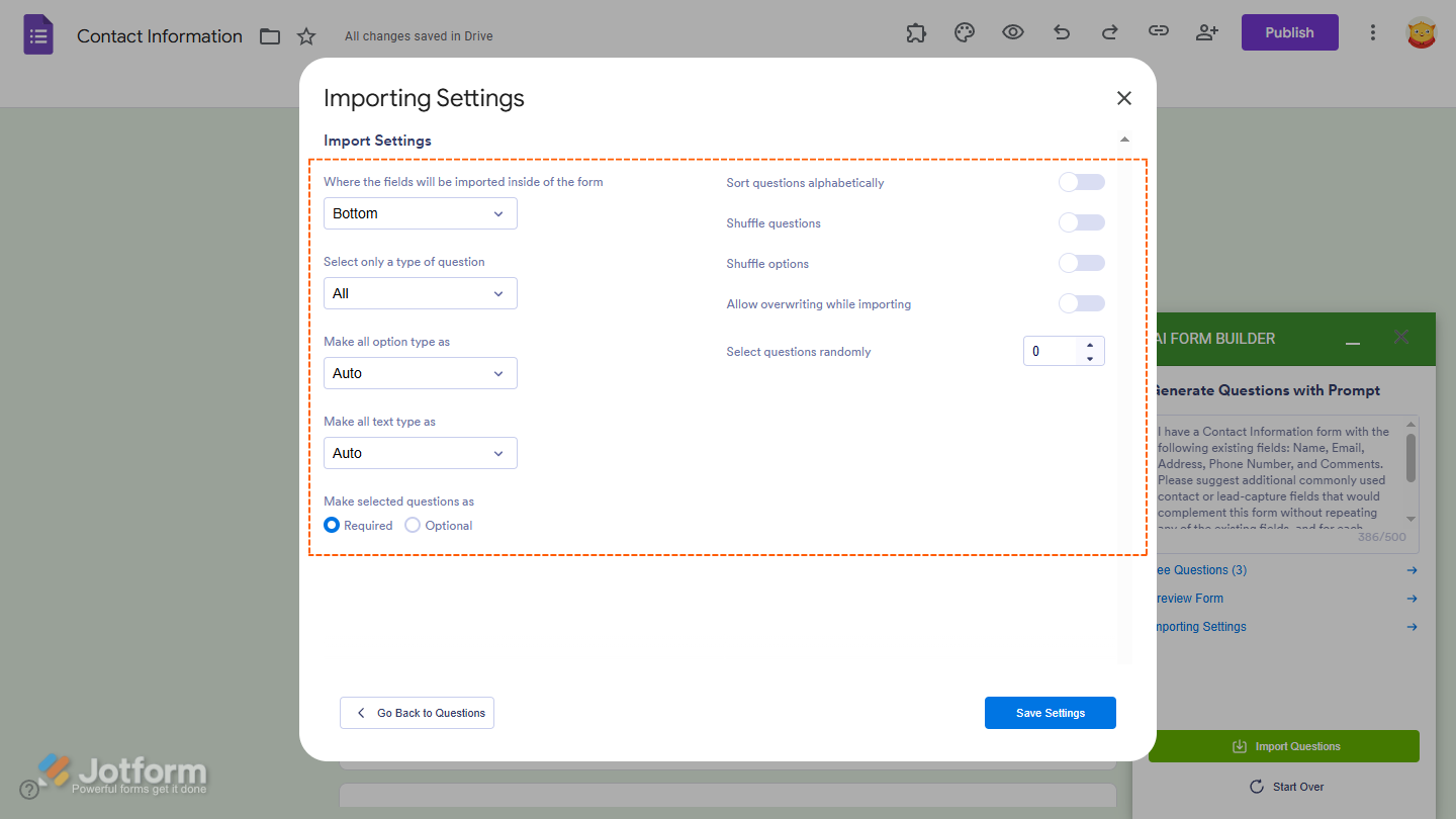 Import Settings in the Importing Settings window of the Jotform AI Form Builder in Google Forms Editor