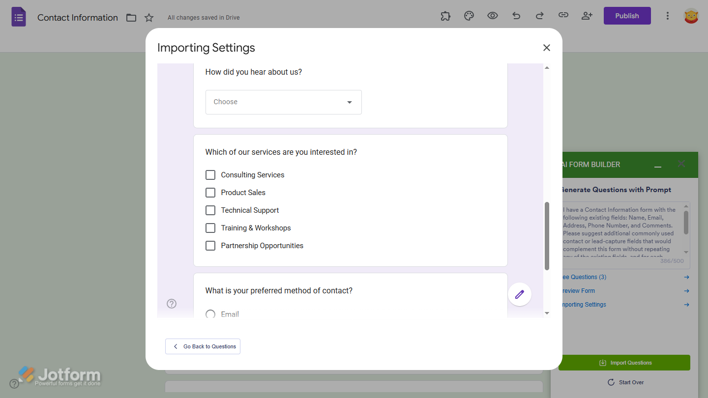 Form preview in the Importing Settings window of the Jotform AI Form Builder Google Forms Editor