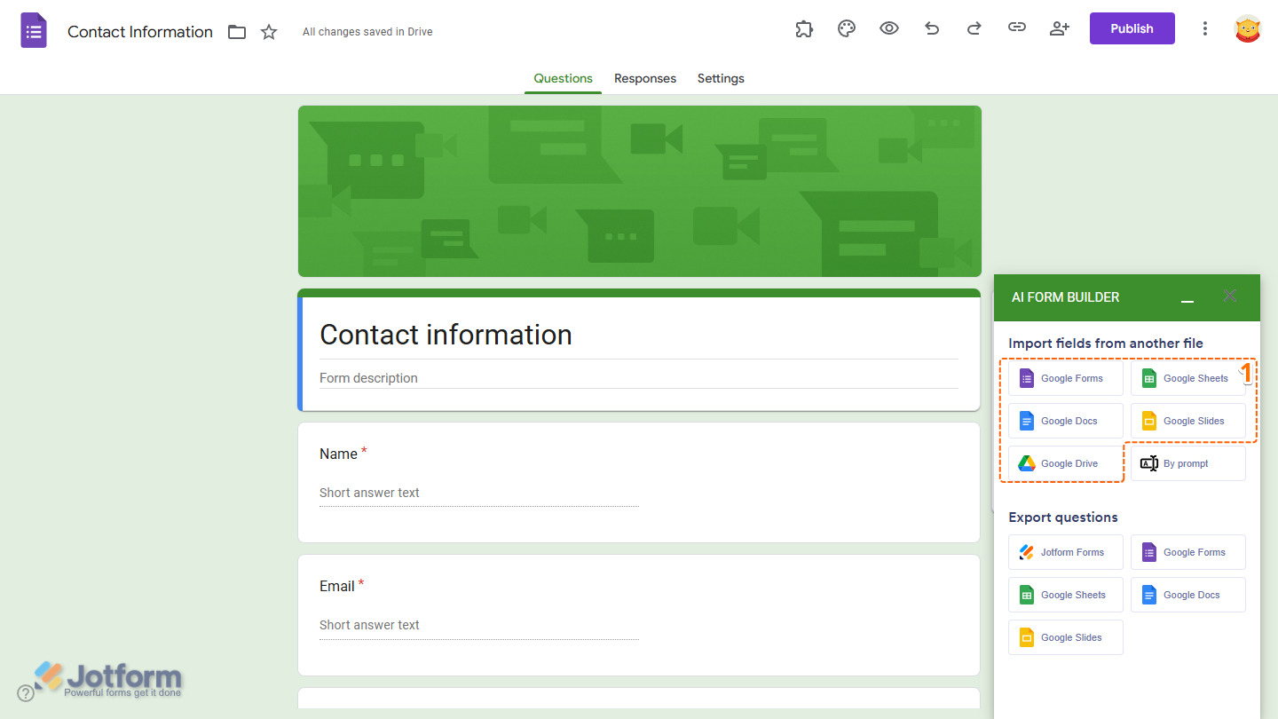 Import Fields From Another File Google Files options in the Jotform AI Form Builder menu in Google Forms Editor