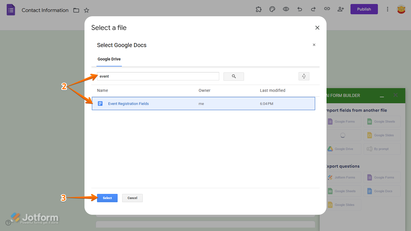 Select a File window of the Jotform AI Form Builder in Google Forms Editor