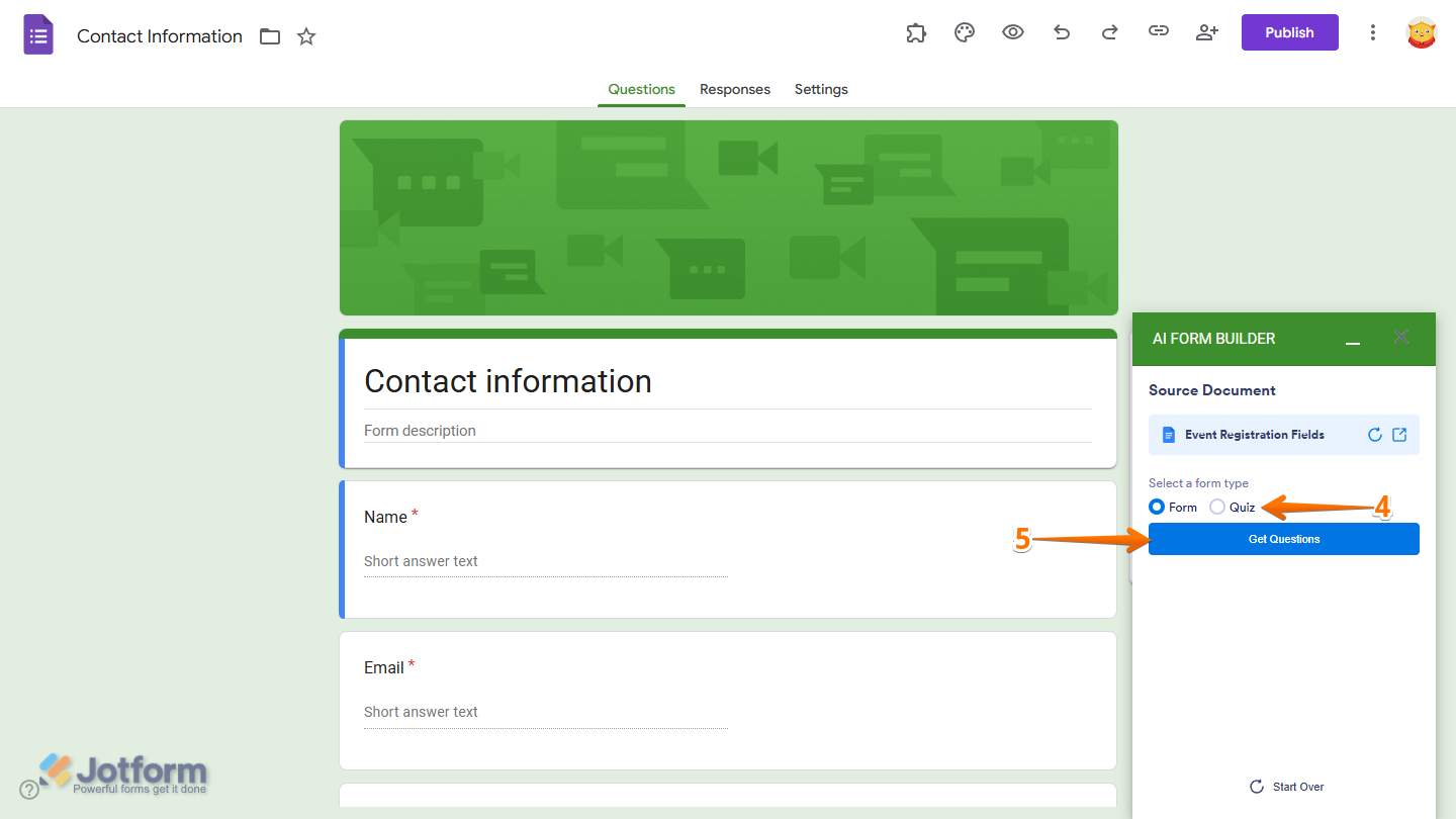 Select Form Type and Get Questions button in the Jotform AI Form Builder menu in Google Forms Editor