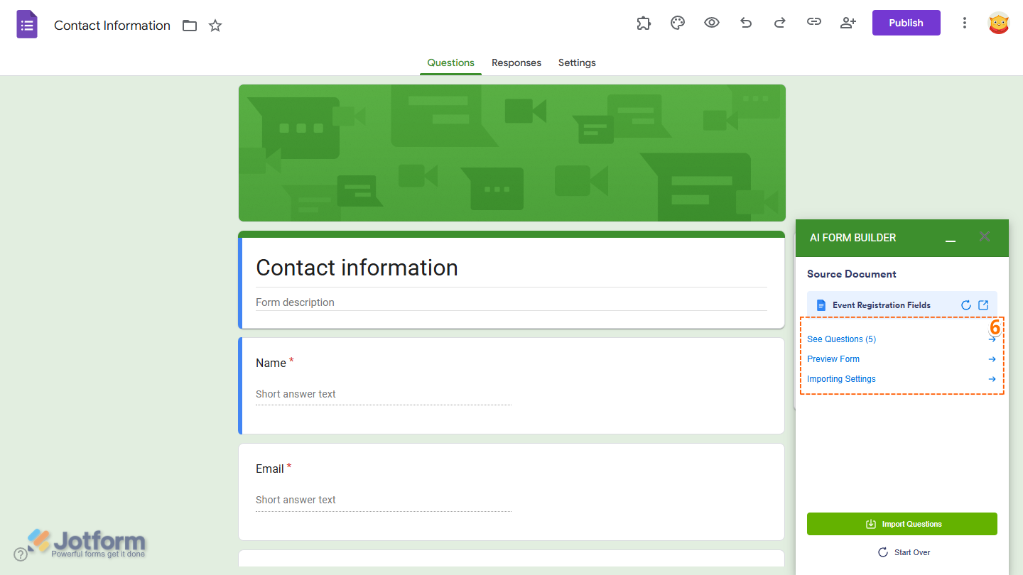 Import options in the Source Document section of the Jotform AI Form Builder menu in Google Forms Editor