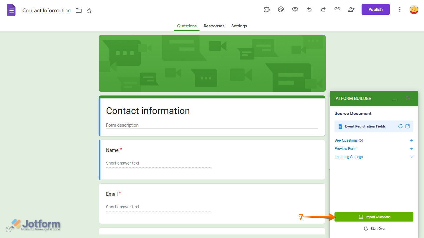 Import Questions button in the Jotform AI Form Builder menu in Google Forms Editor