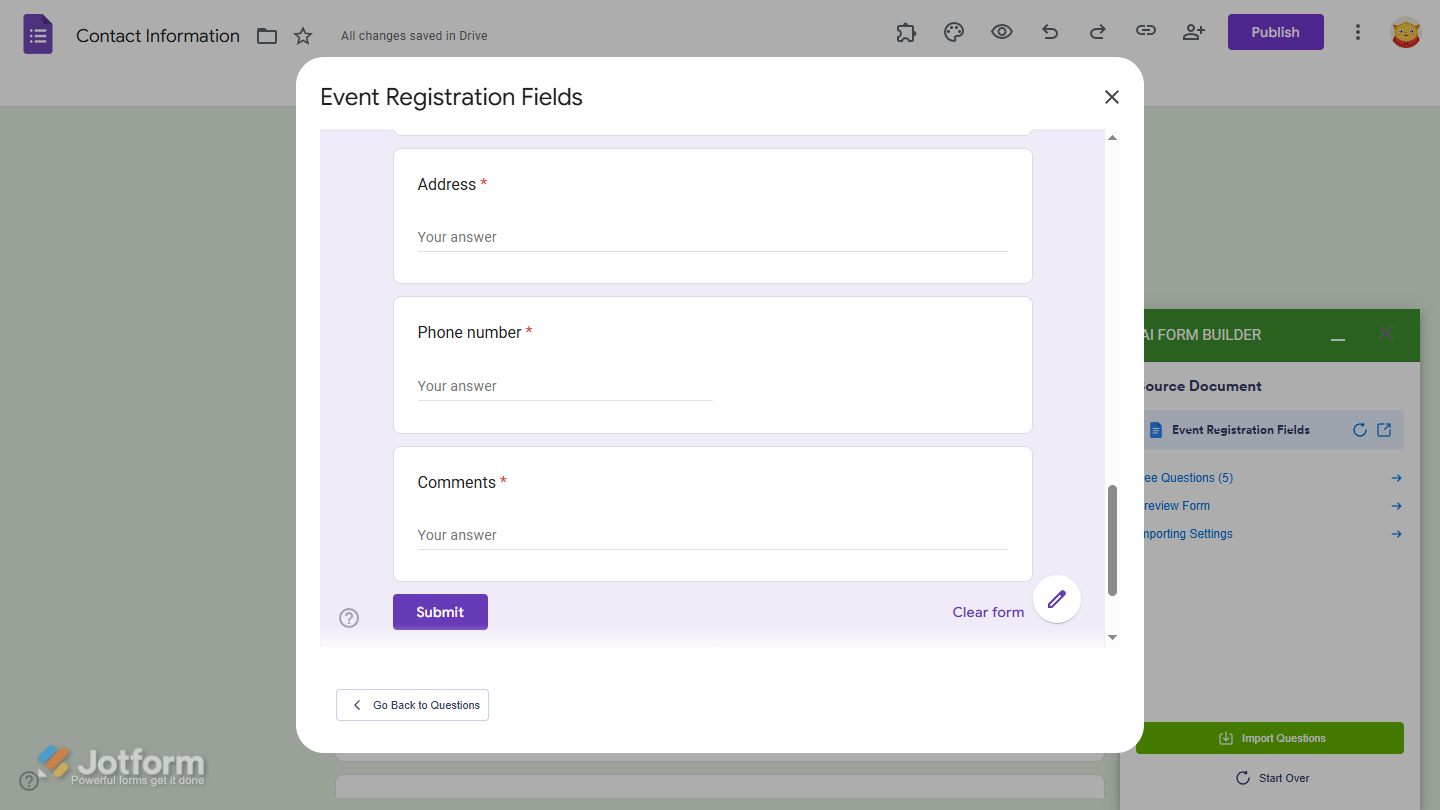 Preview Form section of the File window of the Jotform AI Form Builder in Google Forms Editor