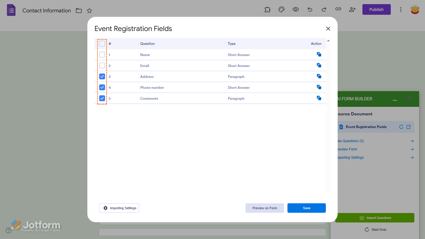 Form questions in the File window of the Jotform AI Form Builder in Google Forms Editor