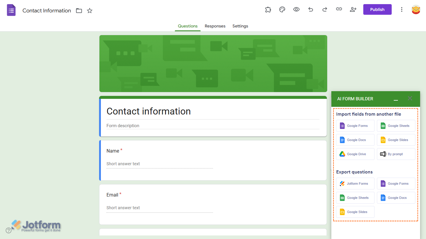 Jotform AI Form Builder menu in Google Forms Editor