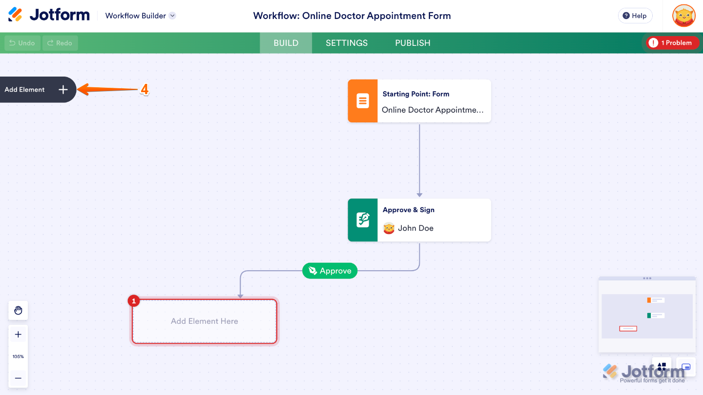 Workflow Builder interface showing the Add Element button on the left side of the screen