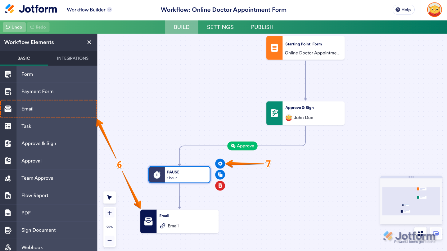 Workflow Builder showing an Email element added next to a Pause element